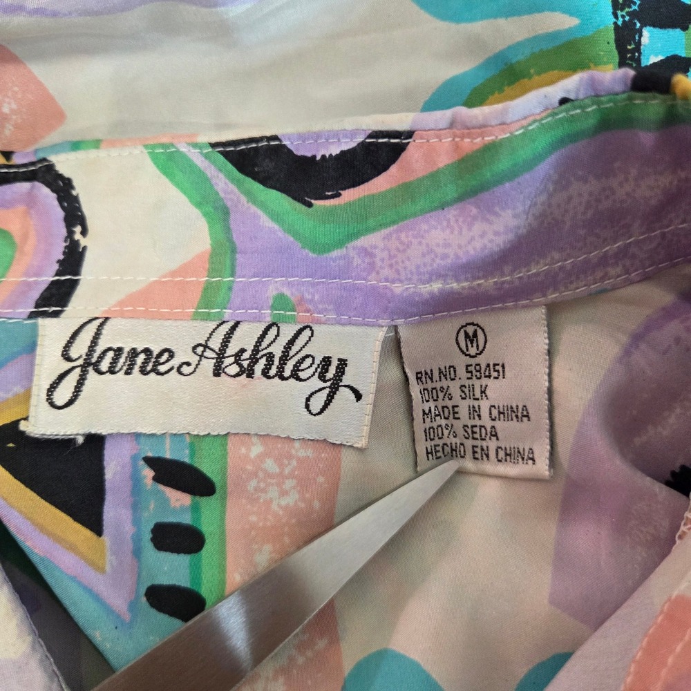 Vintage 80s Jane Ashley 100% Silk Abstract Blouse Shoulder Pads Size M - Picture 4 of 5